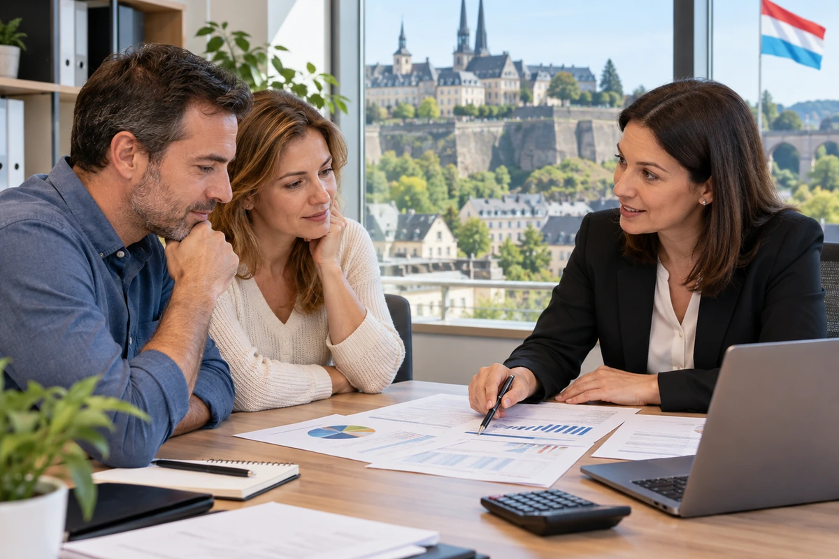 Propriétaire examinant des documents de financement sur une table devant une maison de ville luxembourgeoise