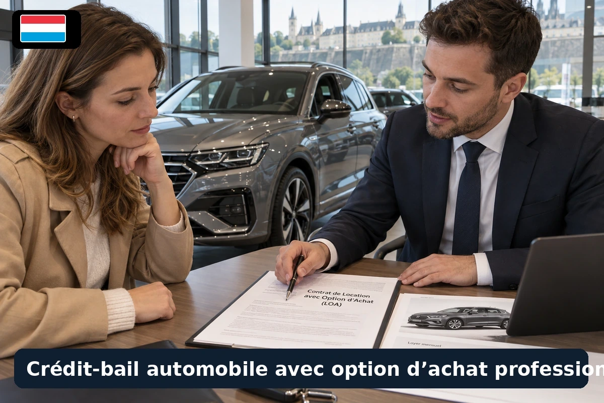 Professionnel signant un contrat de financement automobile avec un conseiller devant un véhicule de société