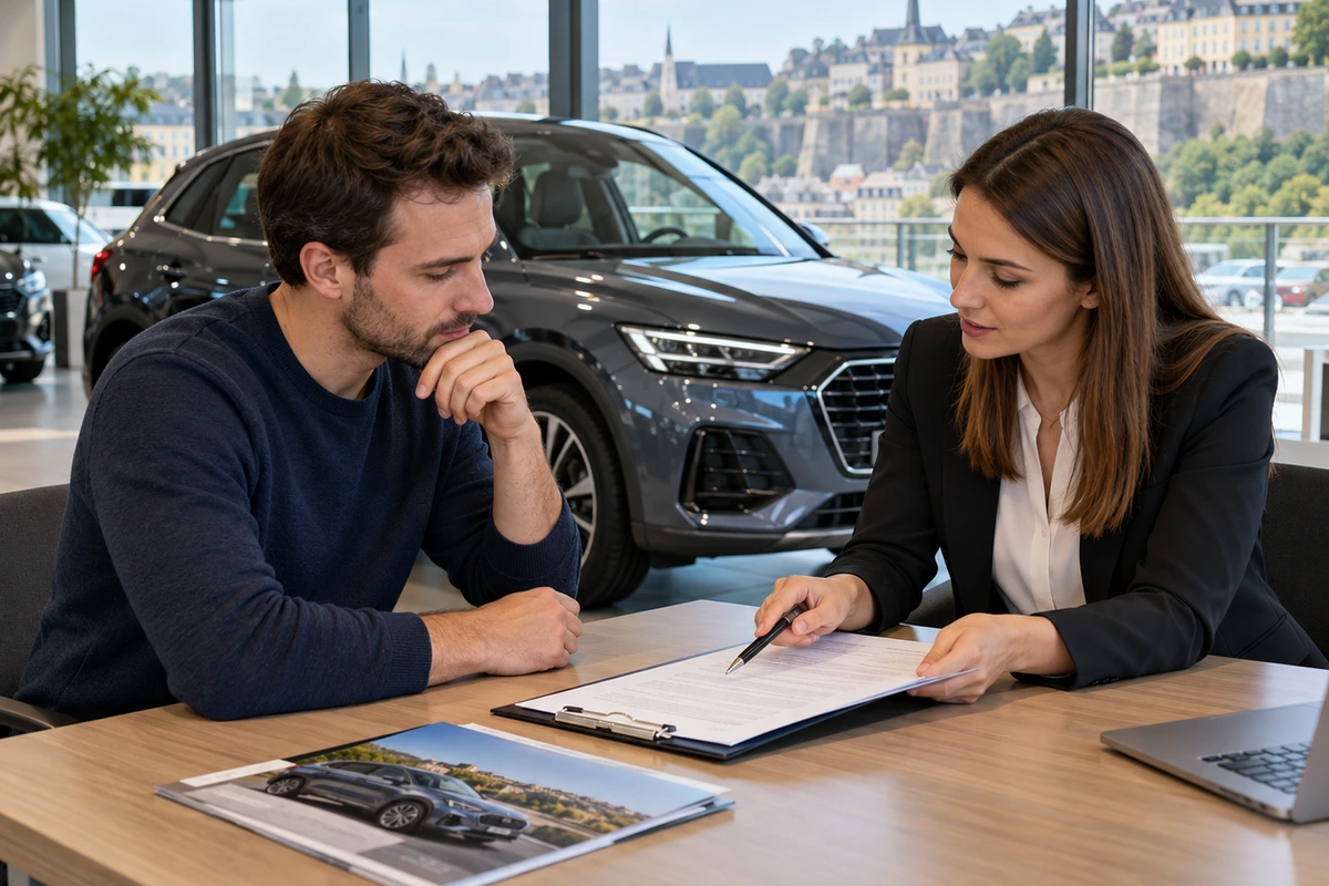 Couple remettant les clés d’une voiture neuve dans une concession automobile de Luxembourg-ville