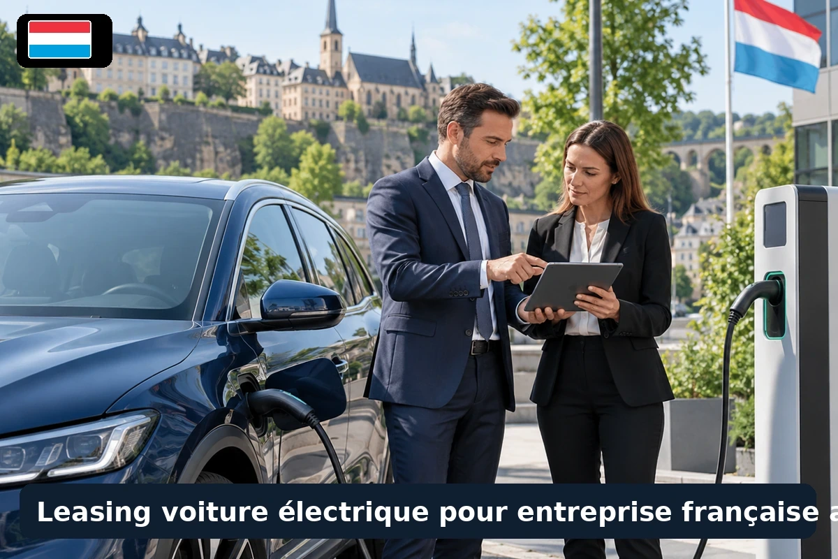 Voiture électrique blanche branchée à une borne de recharge sur le parking d’un immeuble de bureaux