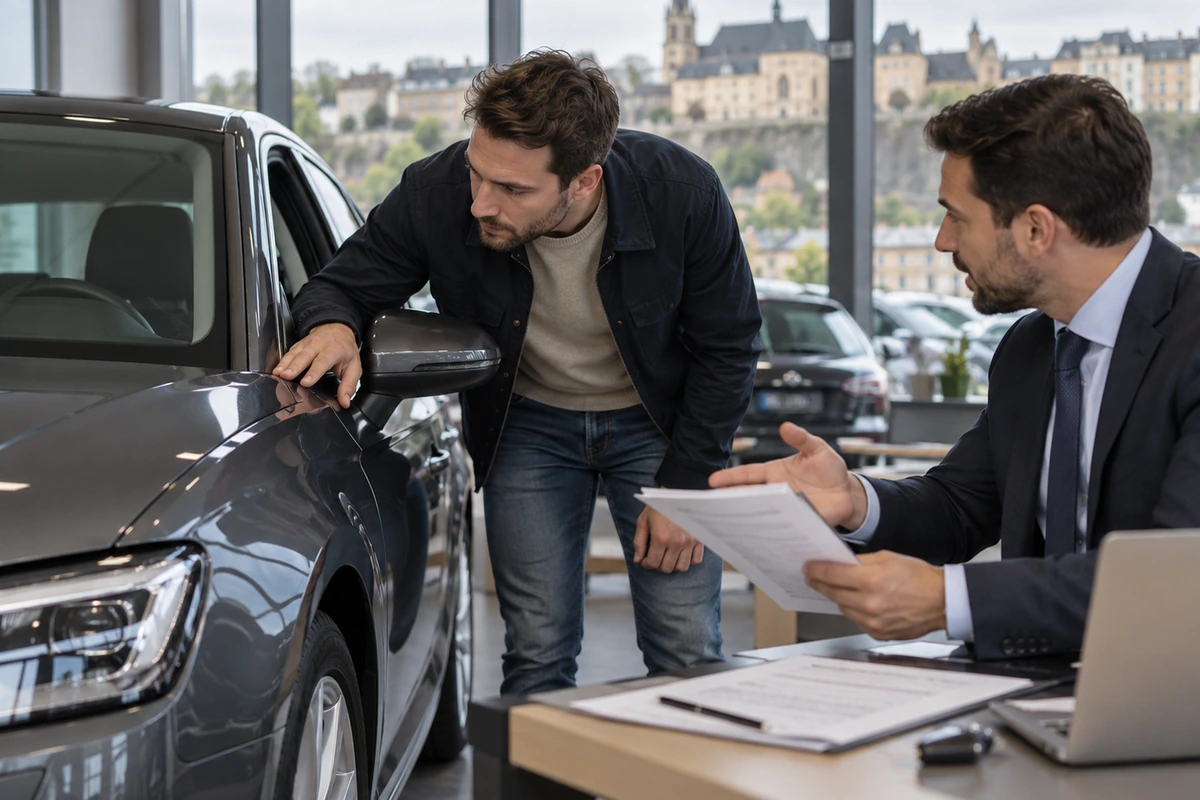 Voiture compacte récente garée devant une agence de leasing automobile au Luxembourg, vue de trois quarts