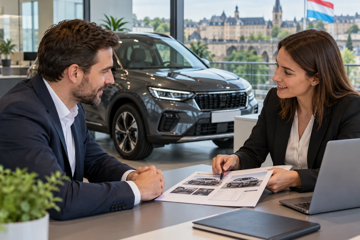Entrepreneur examinant un contrat de location de véhicule professionnel devant une berline garée près de son bureau