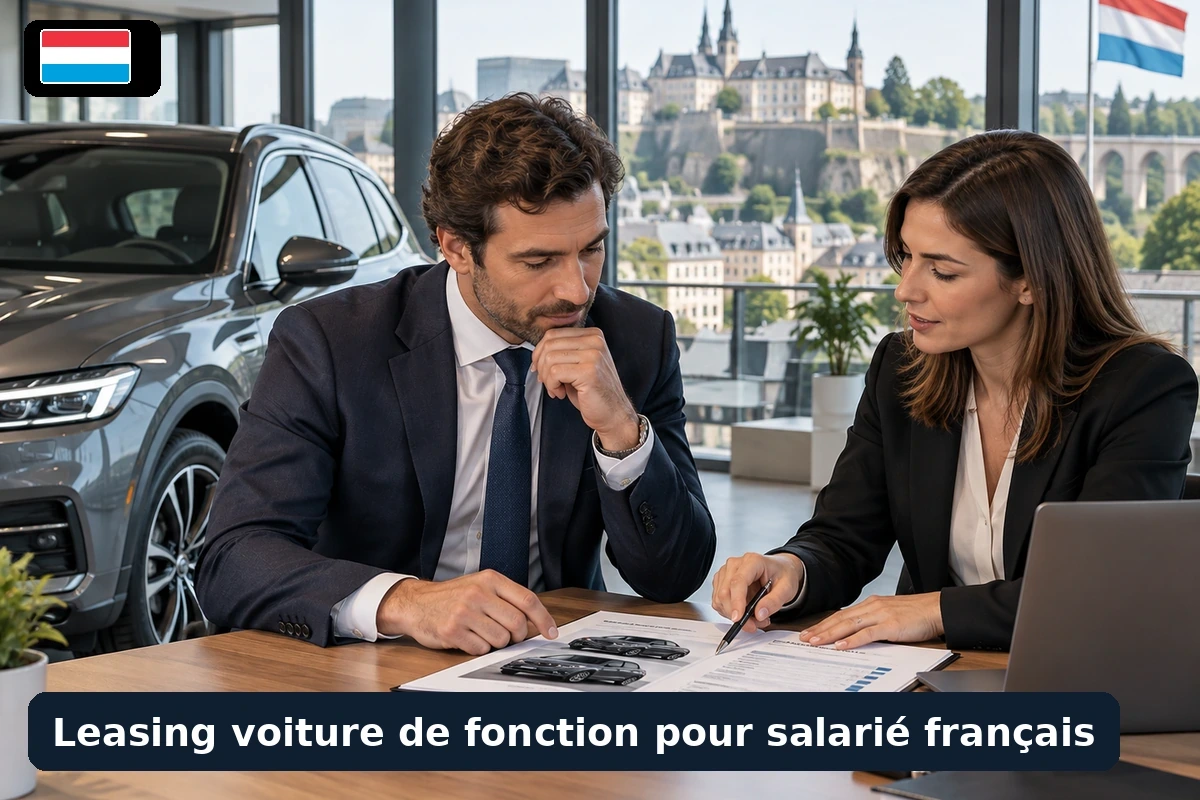 Salarié en tenue de bureau recevant les clés d’une voiture de société devant le siège de son employeur