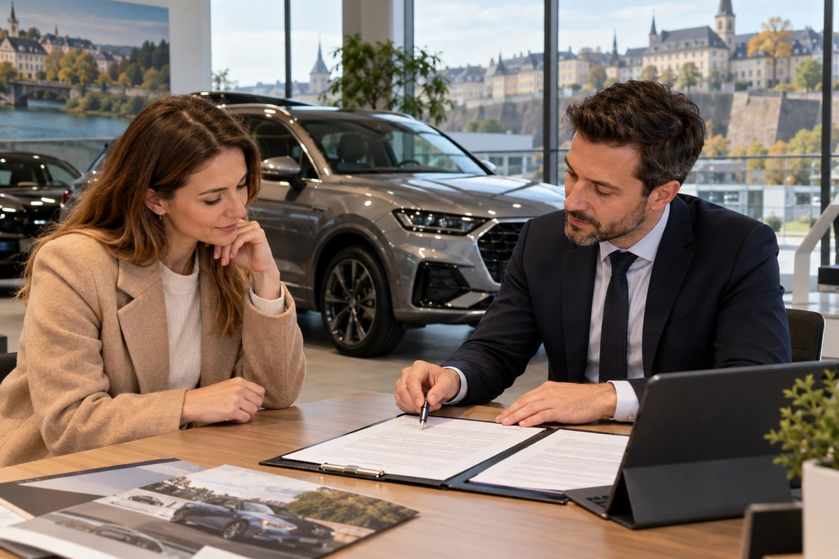 Couple examinant une proposition de contrat de leasing automobile sur une table dans une agence bancaire