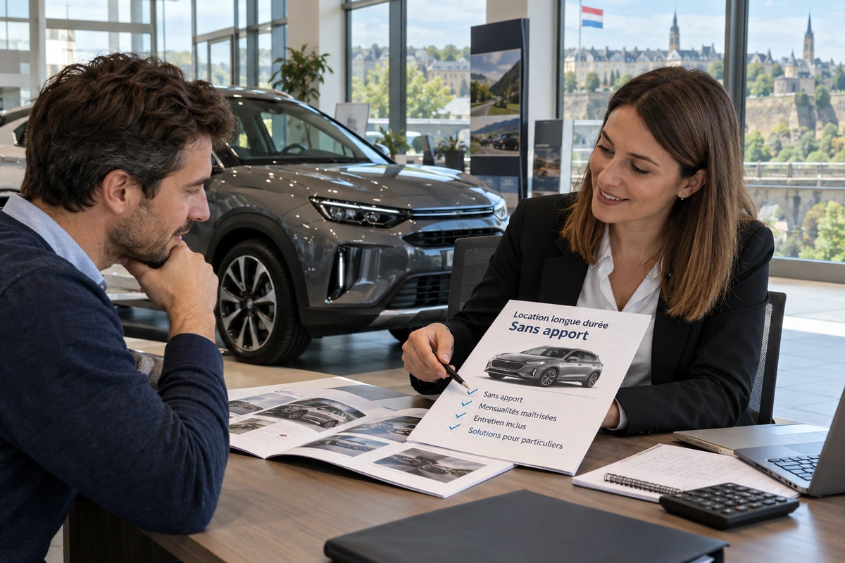 Véhicule électrique en recharge devant une maison individuelle avec un conducteur consultant son contrat de location