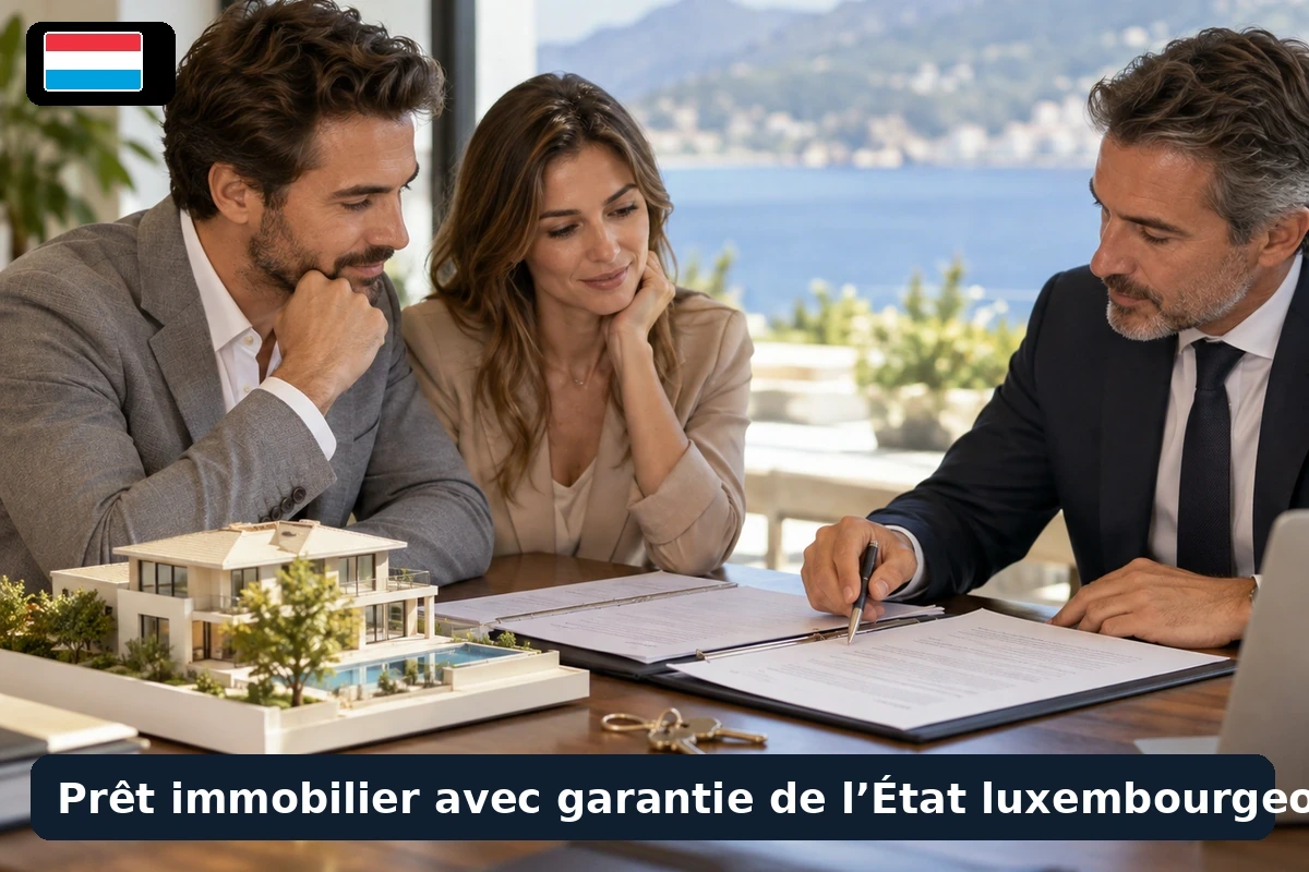 Couple examinant un dossier de financement immobilier avec un conseiller bancaire dans une agence lumineuse