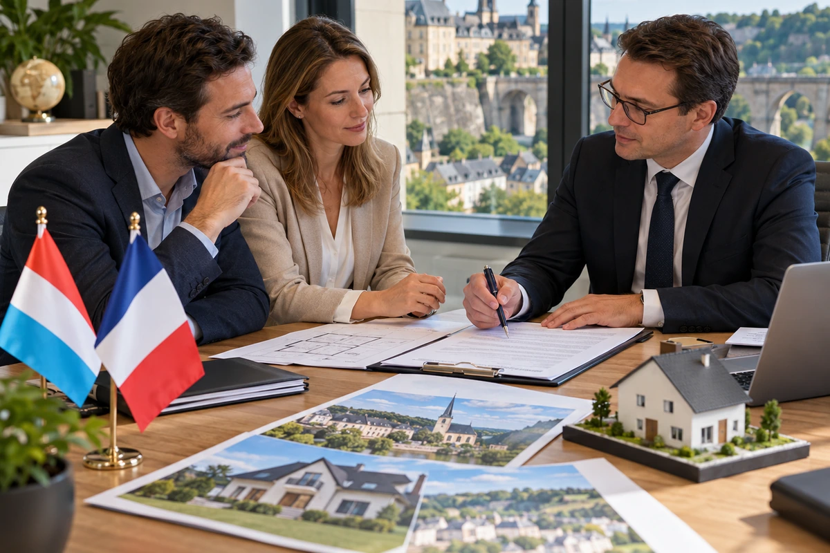 Maison de village française avec volets bleus vue depuis la rue par temps clair