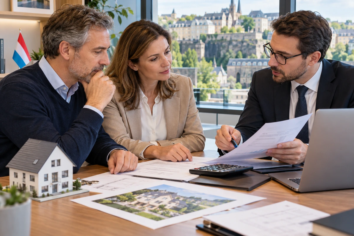 Dossier de demande de prêt, calculatrice et fiches de salaire disposés sur un bureau de banque