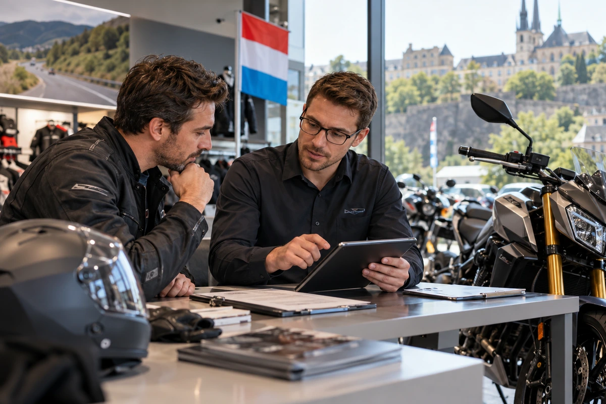 Motard équipé d’un casque et d’un blouson contrôlant une moto garée devant une concession au Luxembourg