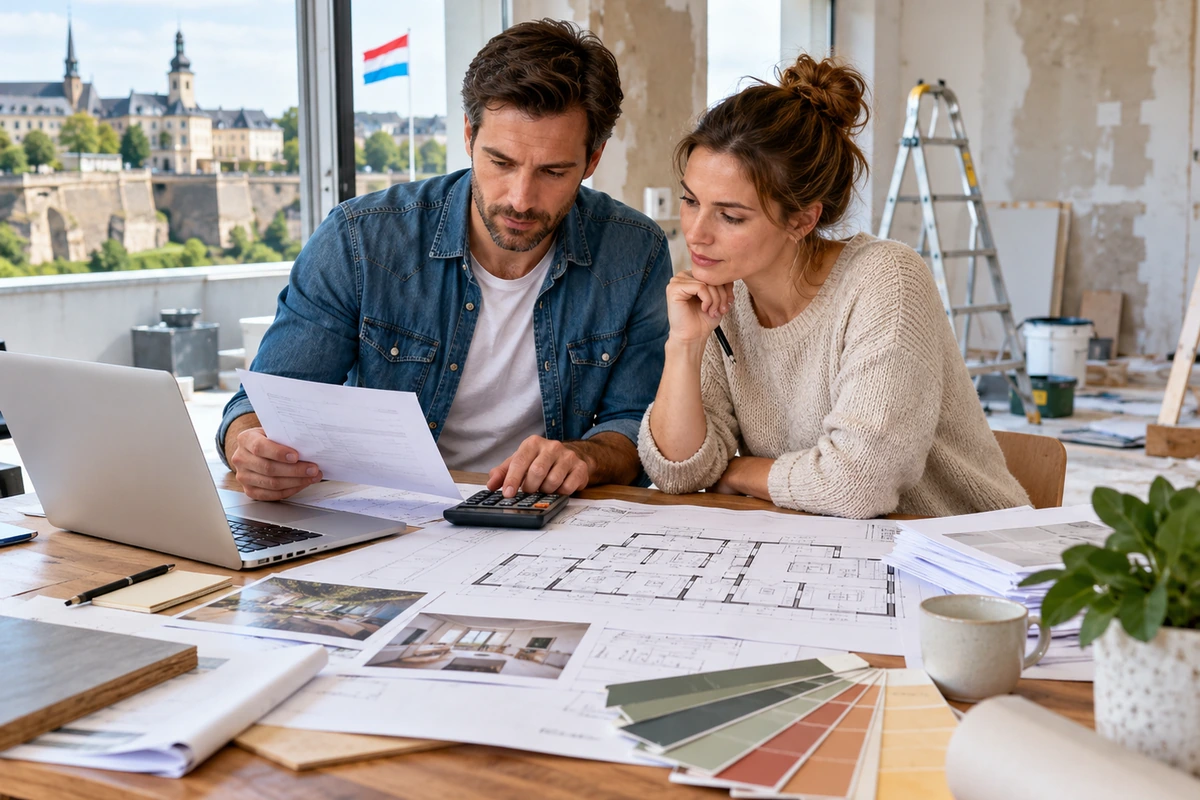 Artisan prenant des mesures dans une cuisine en cours de rénovation avec plans et outils sur le plan de travail